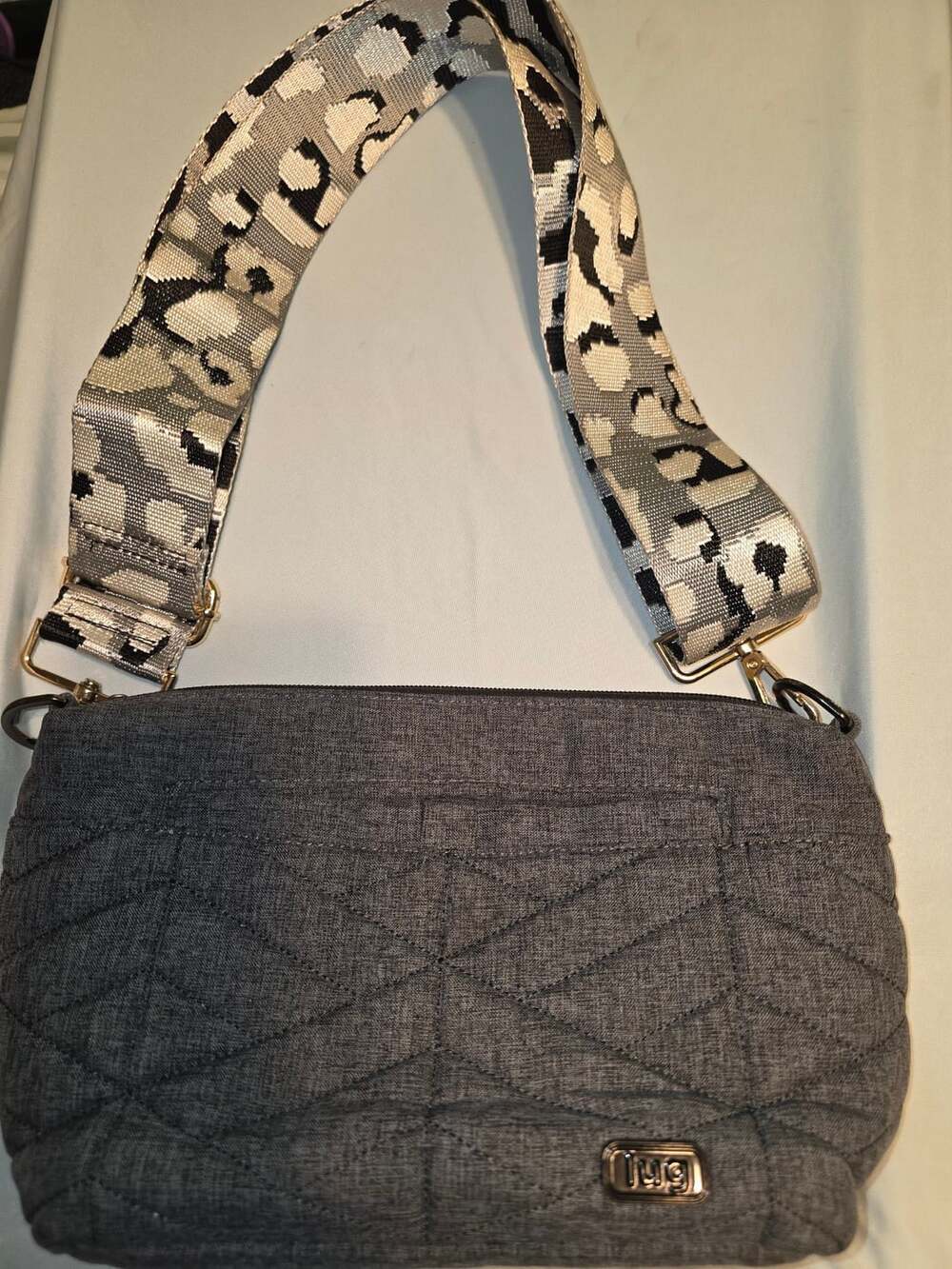 Lug Crossbody Bag Heather Grey Animal Print Strap with Gold and Gunmetal accents
